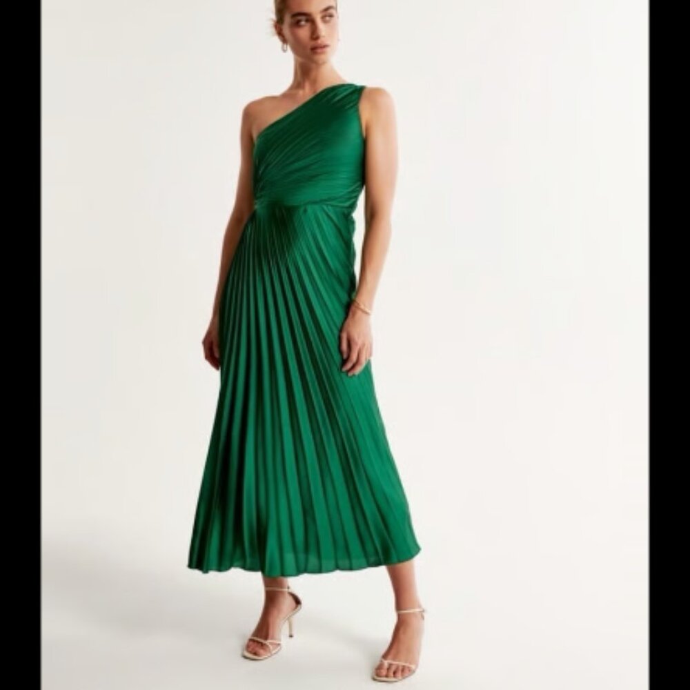 NWT Abercrombie & Fitch Pleated One Shoulder Satin Maxi Dress Small Petite Green